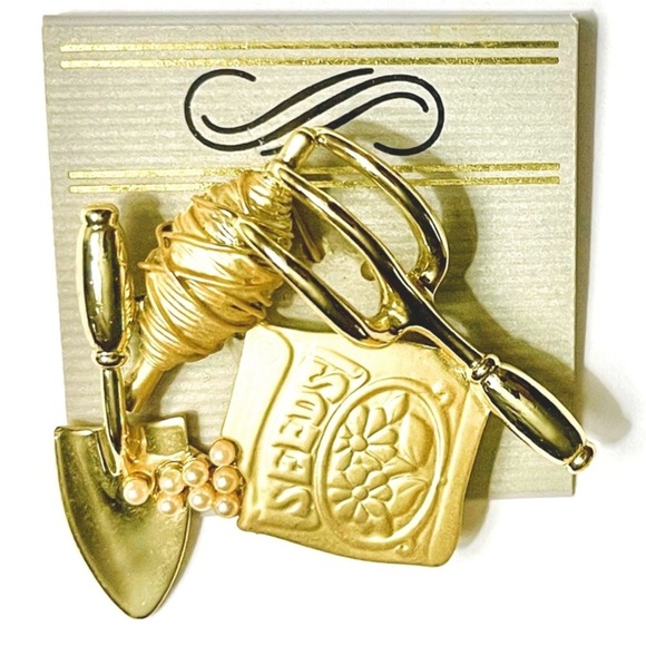 ASHLEY COOPER Vintage Gardening Tools and Dainty Pearl Seed Bead Brooch Signed - Picture 8 of 9